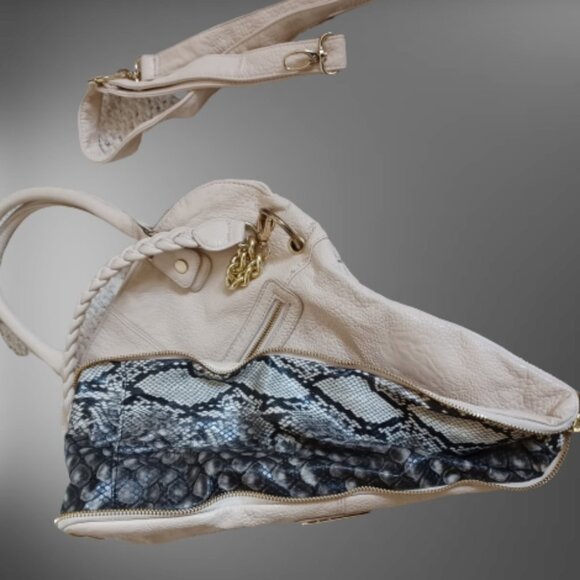 Steve Madden Chunky Gold Chain Purse Tan Faux Pebble Leather Zippers Tote Bag - Picture 6 of 8